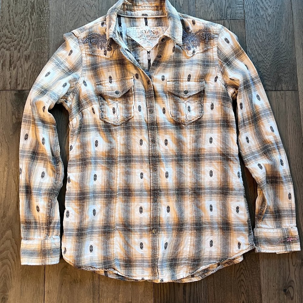 Ryan Michael Western Snap Button Plaid Long Sleeve Shirt 100% Cotton - Medium